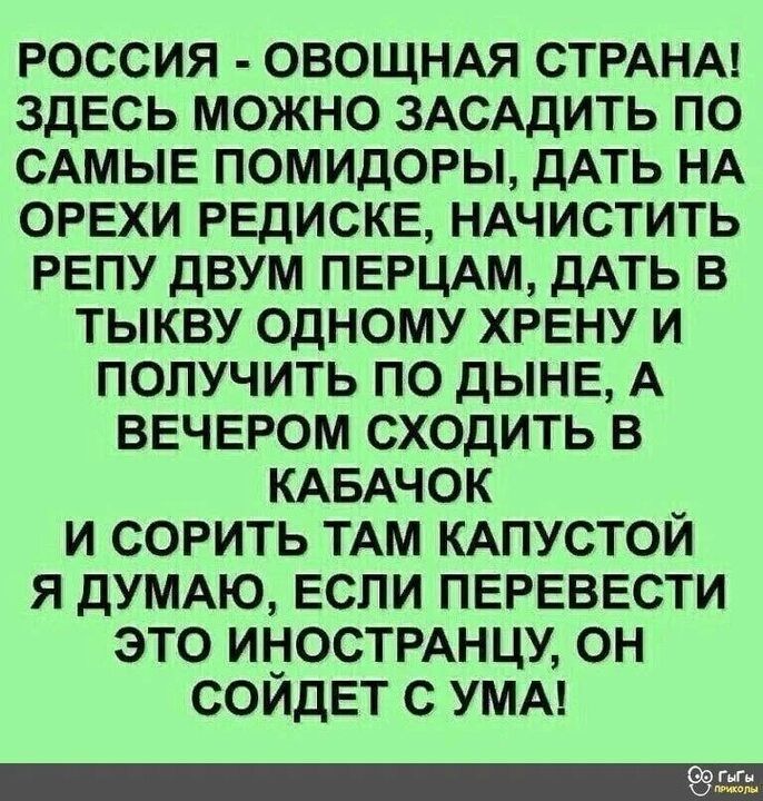 РОССИЯ - ОВОЩНАЯ СТРАНА! ЗДЕСЬ МОЖНО ЗАСАДИТЬ ПО САМЫЕ ПОМИДОРЫ, ДАТЬ НА ОРЕХИ РЕДИСКЕ, НАЧИСТИТЬ РЕПУ ДВУМ ПЕРЦАМ, ДАТЬ В ТЫКВУ ОДНОМУ ХРЕНУ И ПОЛУЧИТЬ ПО ДЫНЕ, А ВЕЧЕРОМ СХОДИТЬ В КАБАЧОК И СОРИТЬ ТАМ КАПУСТОЙ Я ДУМАЮ, ЕСЛИ ПЕРЕВЕСТИ ЭТО ИНОСТРАНЦУ, ОН СОЙДЕТ С УМА!