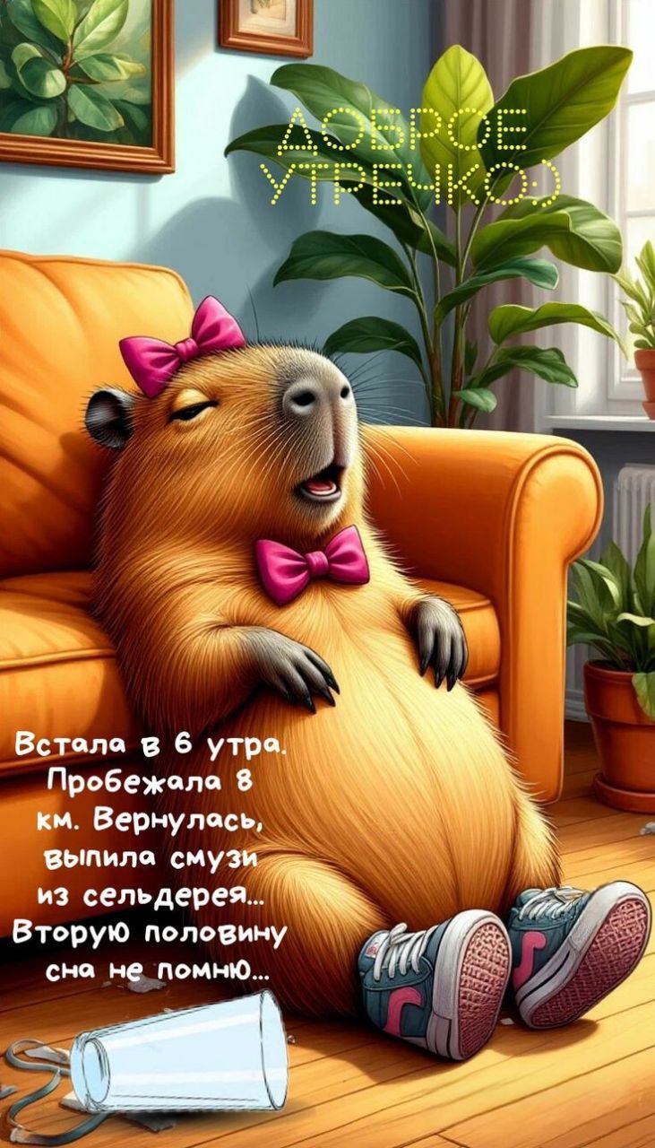 Доброе утречко!
Встала в 6 утра. Пробежала 8 км. Вернулась, выпила смузи из сельдерея... Вторую половину сна не помню...