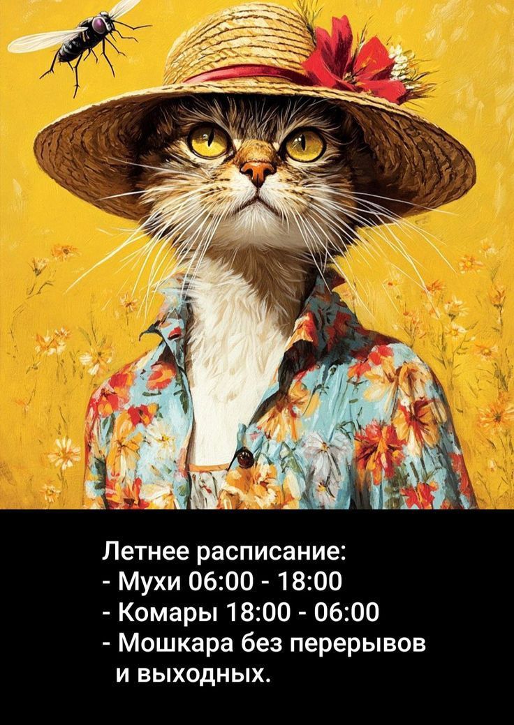 Летнее расписание:
- Мухи 06:00 - 18:00
- Комары 18:00 - 06:00
- Мошкара без перерывы и выходных.