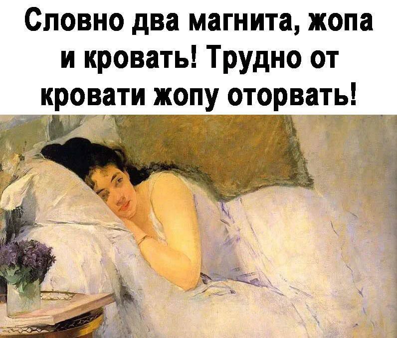 Словно два магнита, жопа и кровать! Трудно от кровати жопу оторвать!