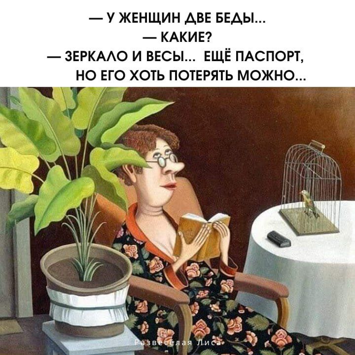 — У женщин две беды...
— Какие?
— Зеркало и весы... Ещё паспорт, но его хоть потерять можно...
