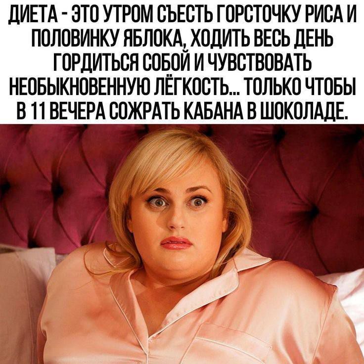 ДИЕТА - ЭТО УТРОМ СЪЕСТЬ ГОРОСТОЧКУ РИСА И ПОЛОВИНКУ ЯБЛОКА, ХОДИТЬ ВЕСЬ ДЕНЬ ГОРДИТЬСЯ СОБОЙ И ЧУВСТВОВАТЬ НЕОБЫКНОВЕННУЮ ЛЕГКОСТЬ... ТОЛЬКО ЧТОБЫ В 11 ВЕЧЕРА СОЖРАТЬ КАБАНА В ШОКОЛАДЕ.