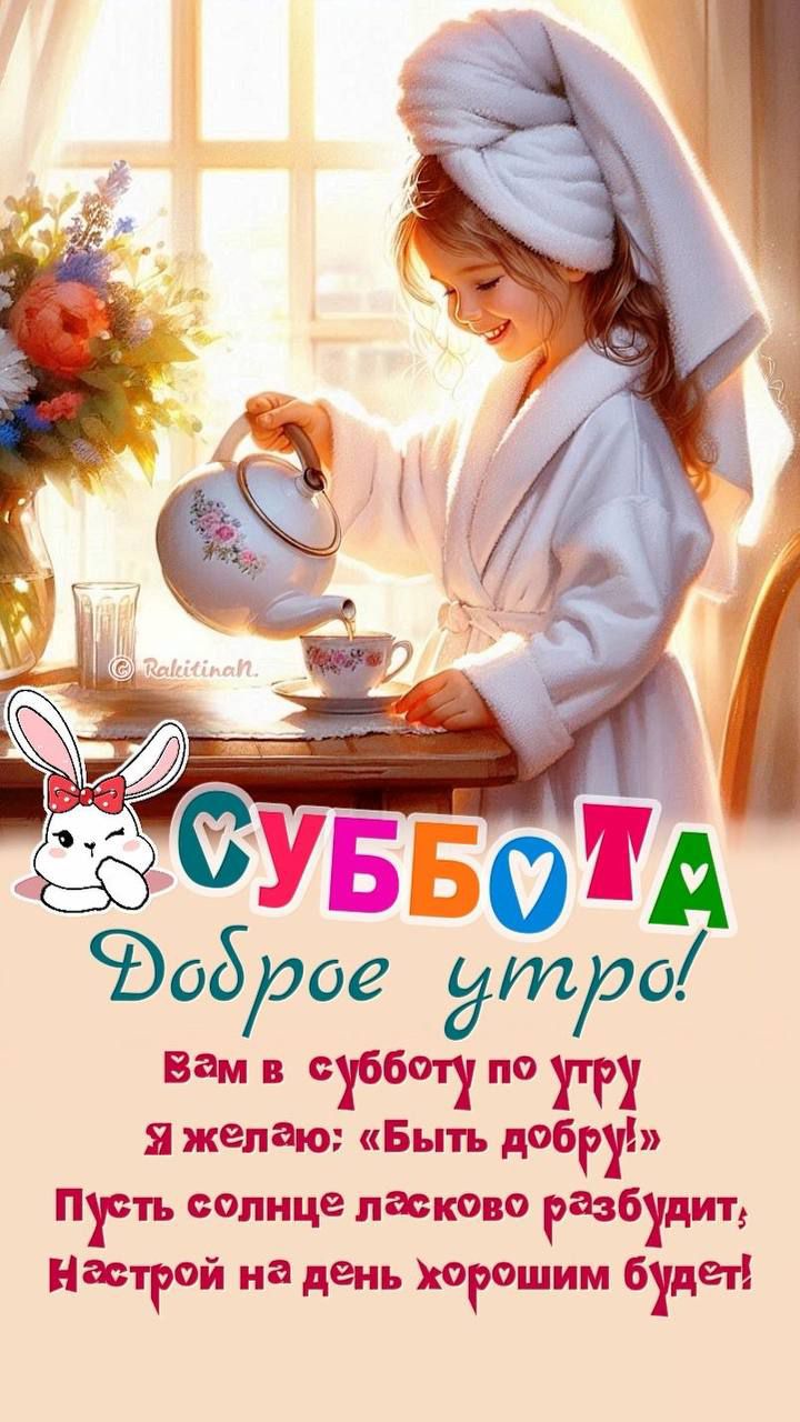 СУББОТА Доброе утро!
Вам в субботу по утру
Я желаю: «Быть добру!»
Пусть солнце ласково разбудит;
Настрой на день хорошим будет!