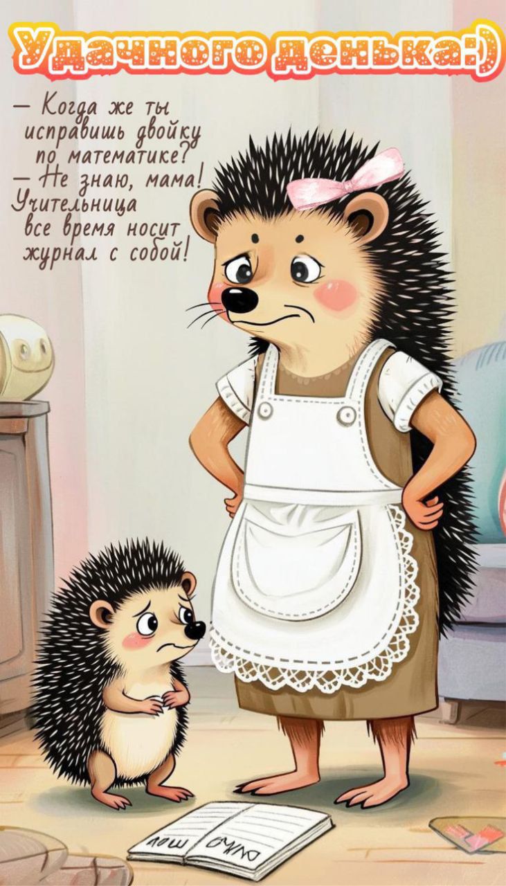Удачного денька:) 
- Когда же ты исправишь двойку по математике? 
- Не знаю, мама! Учительница все время носит журнал с собой!