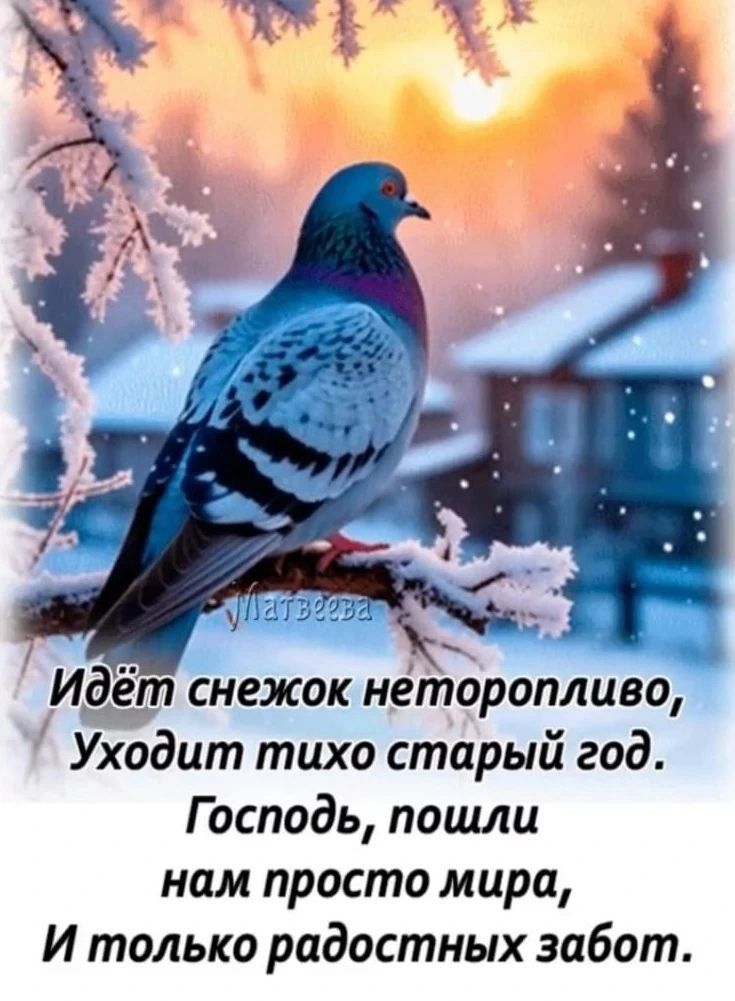 Идёт снежок неторопливо, Уходит тихо старый год. Господь, пошли нам простое мира, И только радостных забот.