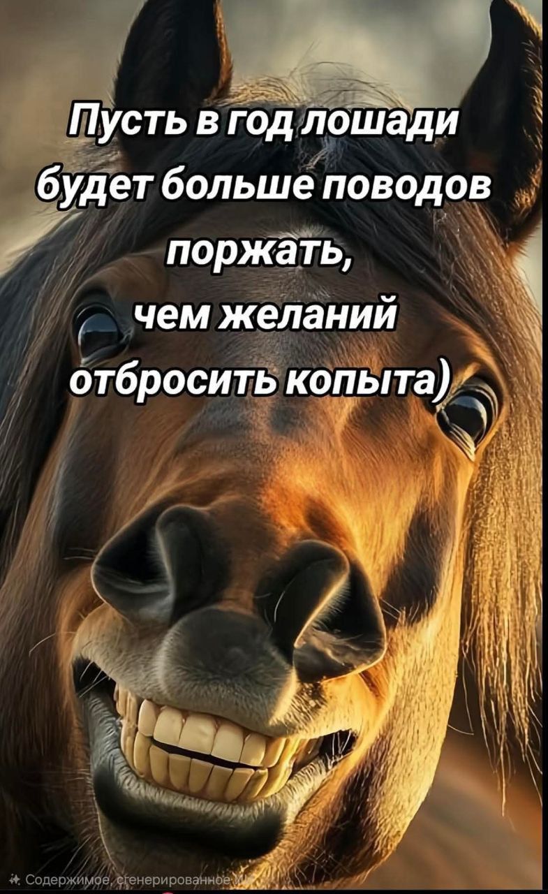 Пусть в год лошади будет больше поводов поржать, чем желаний отбросить копыта)