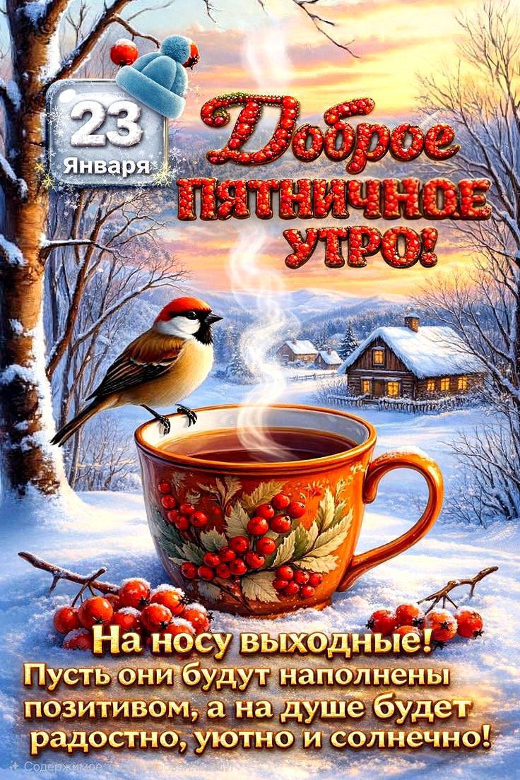 23 Января
Доброе пятничное утро!
На носу выходные! Пусть они будут наполнены позитивом, а на душе будет радостно, уютно и солнечно!