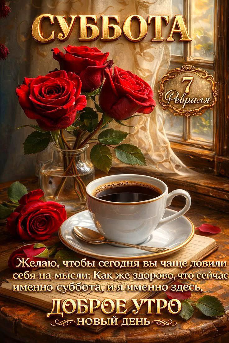 СУББОТА
7 Февраля
Желаю, чтобы сегодня вы чаще ловили себя на мысли: Как же здорово, что сейчас именно суббота, и я именно здесь.
ДОБРОЕ УТРО
НОВЫЙ ДЕНЬ