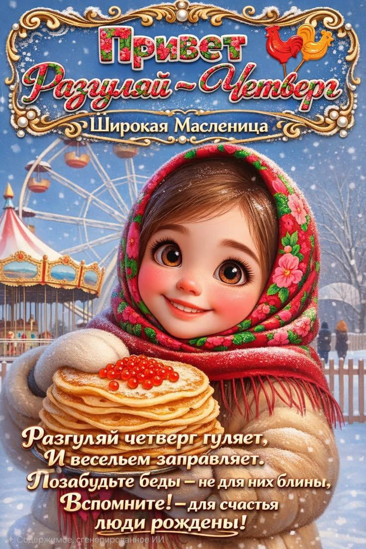 Привет Разгуляй-Четверг Широкая Масленица Разгуляй четверг гуляет И веселье заправляет Позабудьте беды – не для них блины, Вспомните! – для счастья люди рождены!
