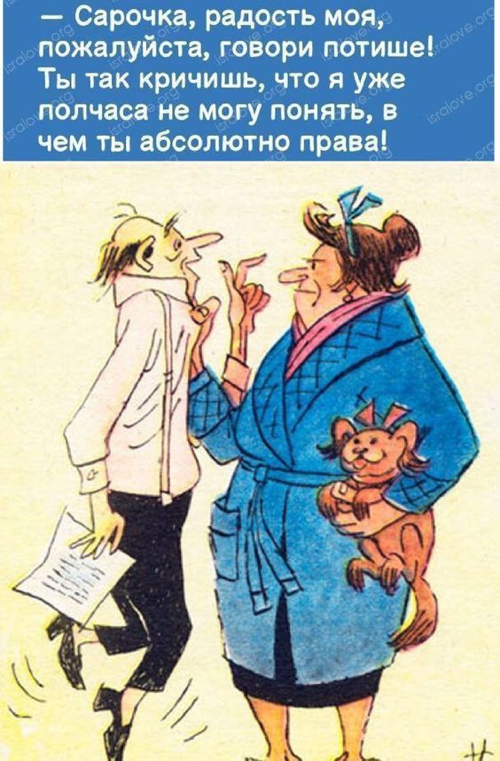 — Сарачока, радость моя, пожалуйста, говори потише! Ты так кричишь, что я уже не могу понять, в чем ты абсолютно права!