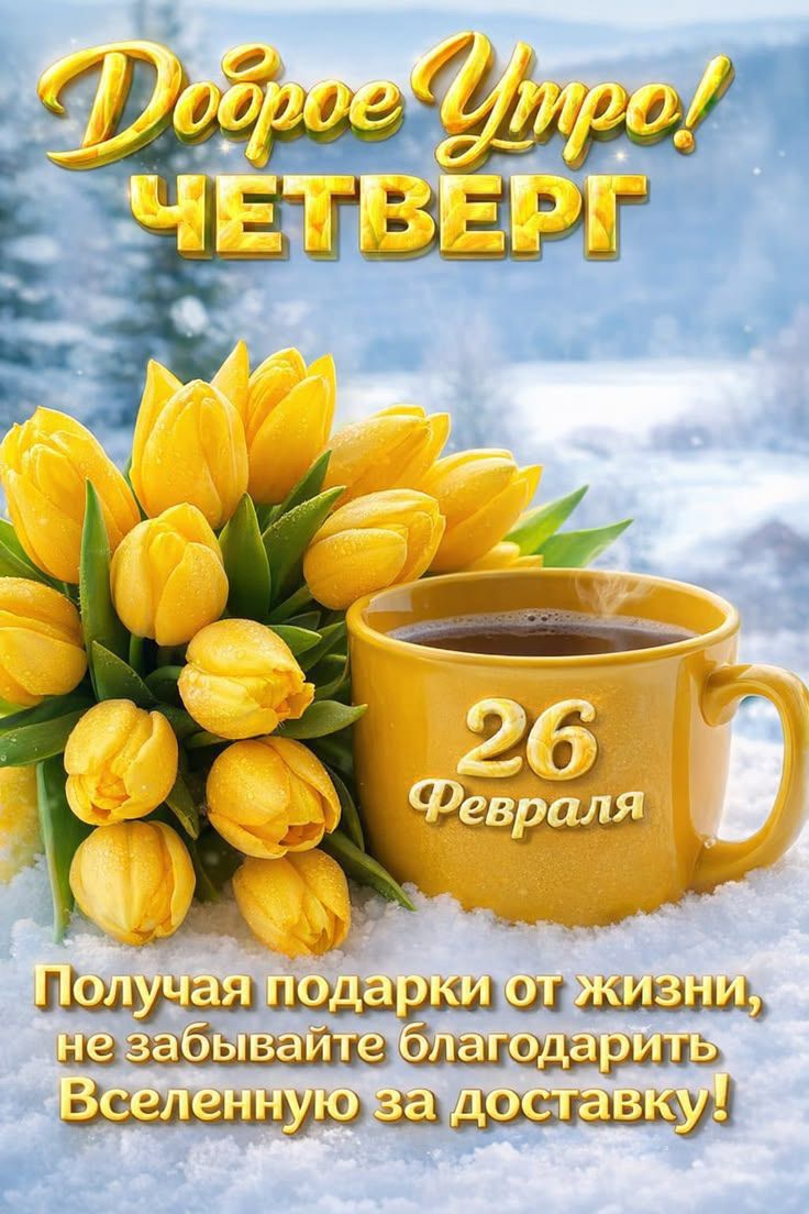 Доброе утро! Четверг
26 Февраля
Получая подарки от жизни, не забывайте благодарить Вселенную за доставку!