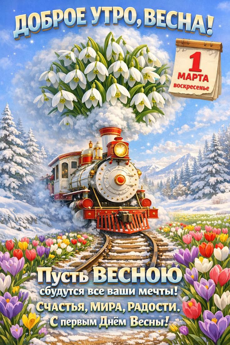 ДОБРОЕ УТРО, ВЕСНА!\n1 МАРТА\nвоскресенье\nПусть ВЕСНОЮ\nсбудутся все ваши мечты!\nСчастья, мира, радости!\nС первым Днём Весны!