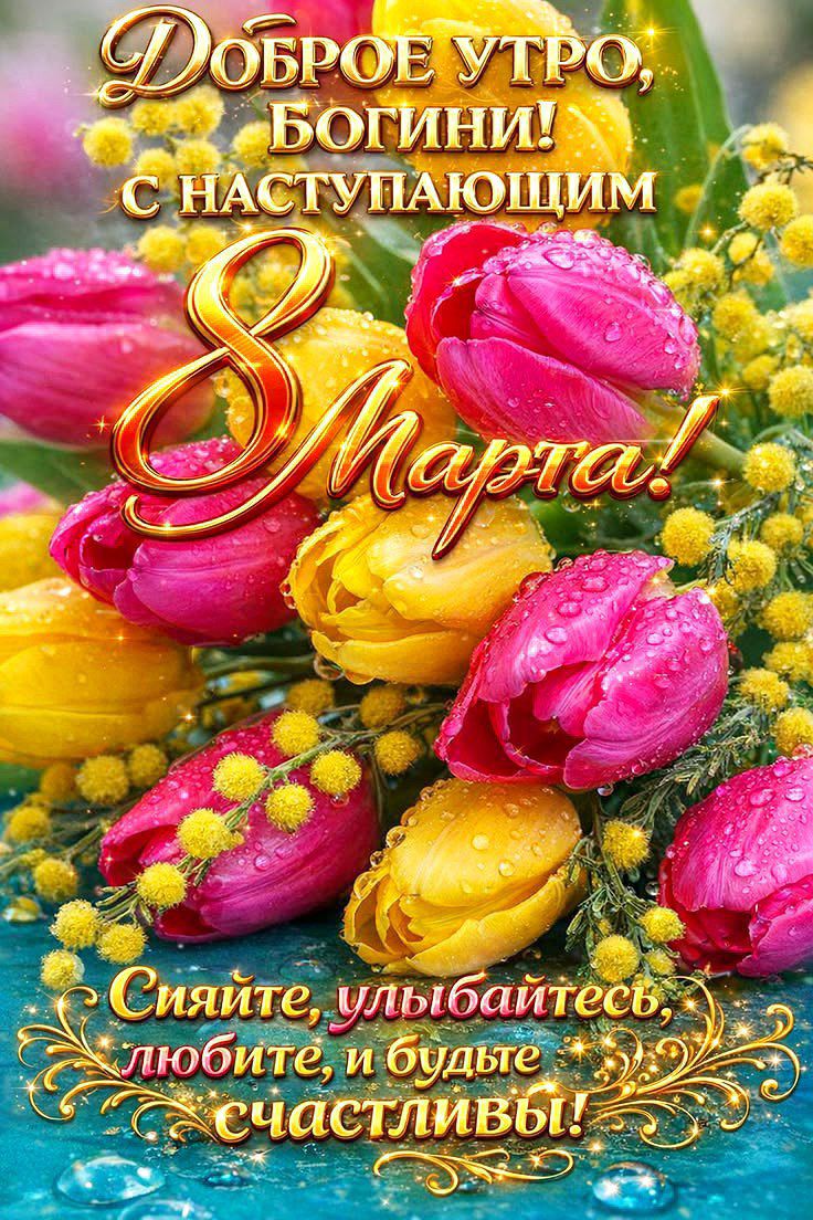Доброе утро, Богини! С наступающим 8 марта! Сияйте, улыбайтесь, любите, и будьте счастливы!