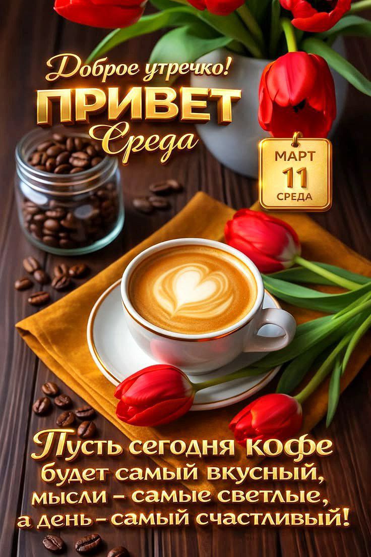 Доброе утро! Привет Среда. Март 11 Среда. Пусть сегодня кофе будет самый вкусный, мысли — самые светлые, а день — самый счастливый!