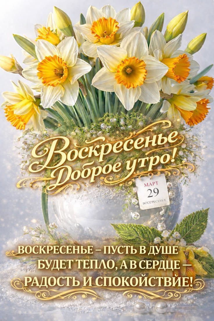 Воскресенье Доброе утро! МАРТ 29 ВОСКРЕСЕНЬЕ ВОСКРЕСЕНЬЕ – ПУСТЬ В ДУШЕ БУДЕТ ТЕПЛО, А В СЕРДЦЕ – РАДОСТЬ И СПОКОЙСТВИЕ!