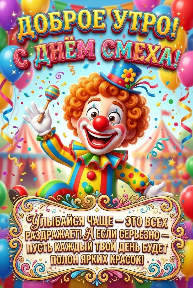 ДОБРОЕ УТРО! С ДНЕМ СМЕХА! УЛЫБАЙСЯ ЧАЩЕ – ЭТО ВСЕХ РАЗДРАЖАЕТ! А ЕСЛИ СЕРЬЕЗНО – ПУСТЬ КАЖДЫЙ ТВОЙ ДЕНЬ БУДЕТ ПОЛОН ЯРКИХ КРАСОК!