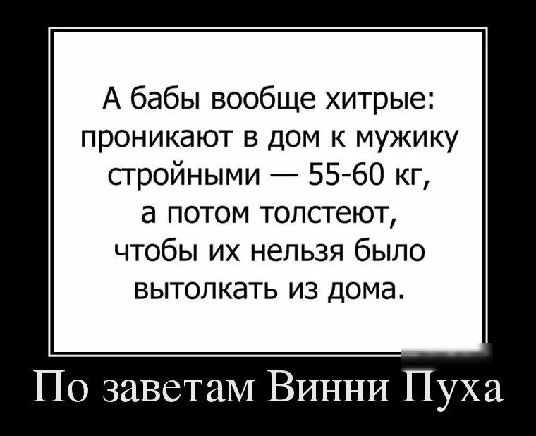 А бабы вообще хитрые проникают в дом к мужику стройными 55 60 кг а потом толстеют чтобы их нельзя было вытолкать из дома По заветам ВИННИ Пуха