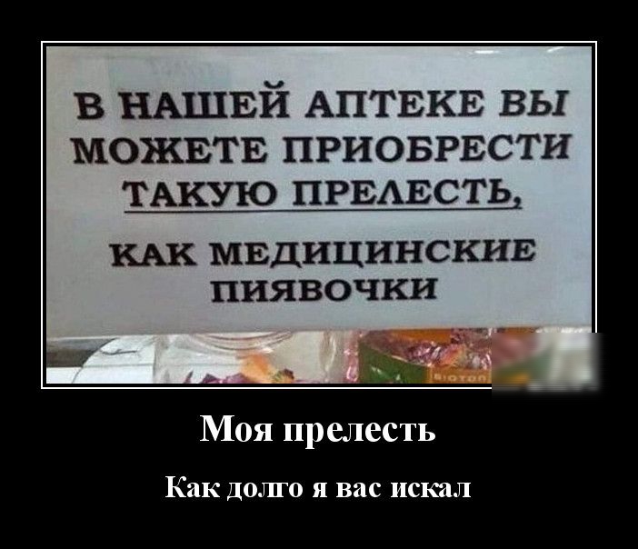 в НШЕЙ АПТЕКЕ вы можвтв приоврвсти ТАКУЮ ПРЕАЕСТЬ Ш МЕДИЦИНСКИЕ ПИЯВОЧКИ Моя прелесть Как ДОЛГО Я вас ИСКИЛ