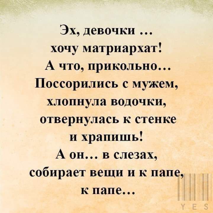 Эх девочки хочу матриархат А что прикольно Поссорились с мужем хлопнула водочки отвернулась к стенке и хранишь А он в слезах собирает вещи и к папе к папе