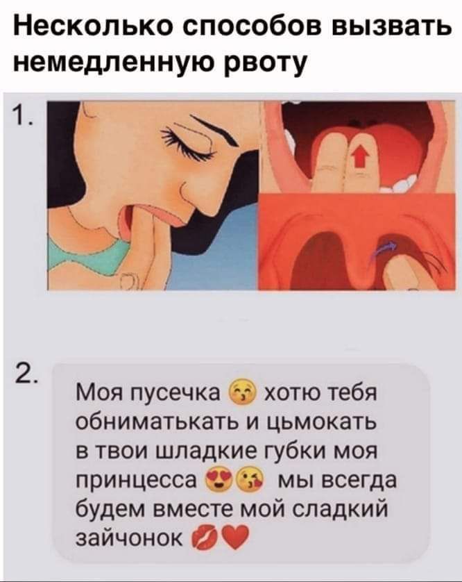 Несколько способов вызвать немедленную рвоту Моя пусечка г хотю тебя обниматькать и цьмокать в твои шладкие губки моя принцесса Р мы всегда будем вместе мой сладкий зайчонок