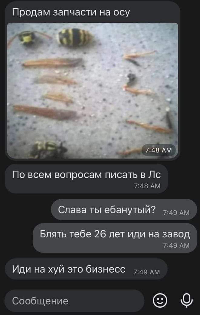 Продам запчасти на осу АШ По всем вопросам писать в Лс 748 АМ Слава ты ебанутый 749 Ам Блять тебе 26 лет иди на завод 749 АМ Иди на хуй это бизнесс 749 Сообщение