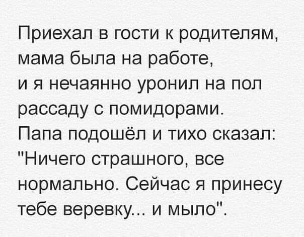 Приехал в гости к родителям мама была на работе и я нечаянно уронил на пол рассаду с помидорами Папа подошёл и тихо сказал Ничего страшного все нормально Сейчас я принесу тебе веревку и мыло