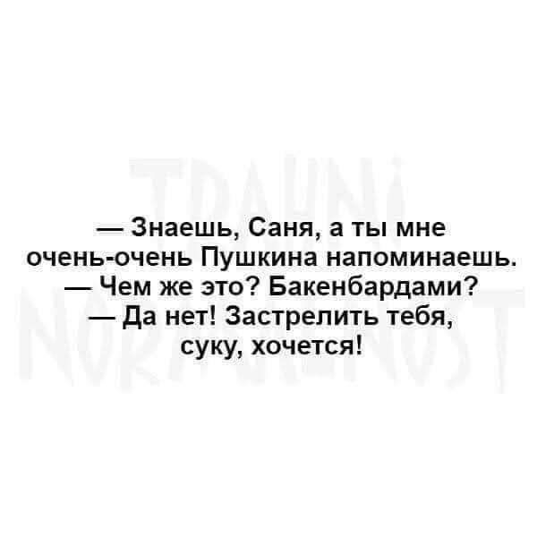 Знаешь Саня а ты мне очень очень Пушкина напоминаешь Чем же это Бакенбардами Да нет Застрепить тебя суку хочется
