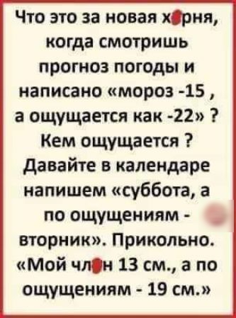 Что это за новая хсрня когда смотришь прогноз погоды и написано мороз 15 а ощущается как 22 Кем ощущается давайте в календаре напишем суббота а по ощущениям вторник Прикольно Мой чин 13 см а по ощущениям 19 см