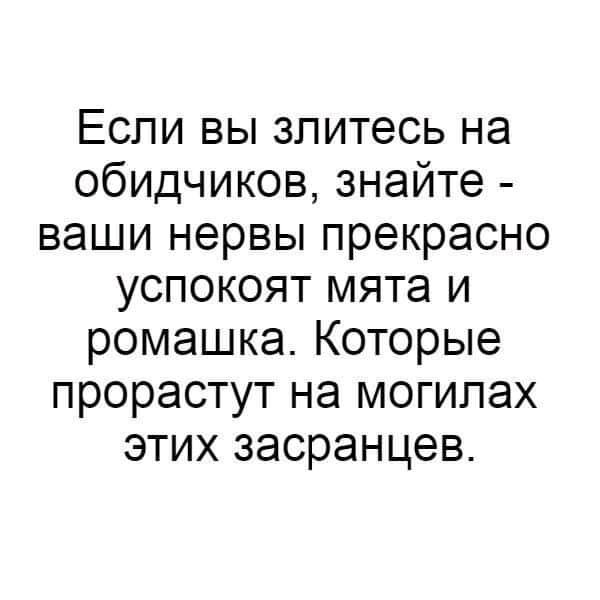 Если вы зпитесь на обидчиков знайте ваши нервы прекрасно успокоят мята и ромашка Которые прорастут на могилах этих засранцев