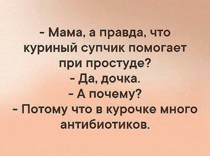 Мама а правда что куриный супчик помогает при простуде Да дочка А почему Потому что в курочке много антибиотиков