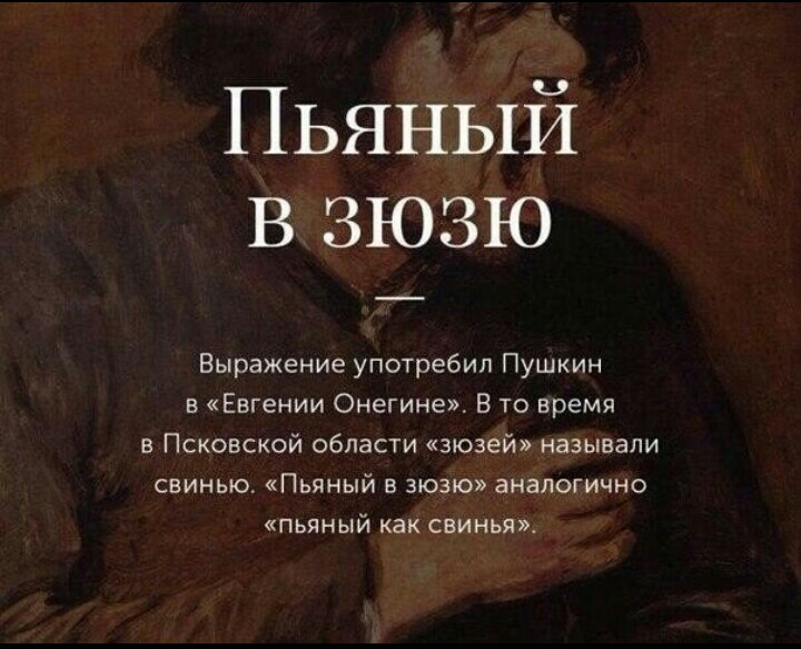 Пьяный В зюзю Выражение употребил Пушкин в Евгении Онегинем В то время в Псковской области зюзей называли свинью Пьяный в зюзю аналогично пьяный как свинья