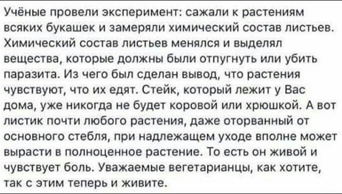 Учёные провели эксперимент сажали растениям всяких букашек и замеряли химический состав листьев Химический состав листьев менялся и выделял вещества которые должны были отпугнуть или убить паразита Из чего был сделан вывод что растения чувствуют что их едят Стейк который лежит у Вас дома уже никогда не будет коровой или хрюшкой А вот листик почти любого растения даже оторванный от основного стебля