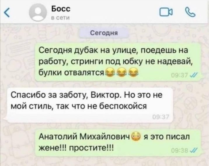 Б9 он 1 Сегодня Сегодня дубак на улице поедешь на работу стринги под юбку не надевай булки отвалятся О О О Спасибо за заботу Виктор Но это не мой стиль так что не беспокойся Анатолий Михайлович я это писал жене простите