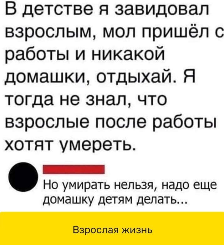 В детстве я завидовал взрослым мол пришёл с работы и никакой домашки отдыхай Я тогда не знал что взрослые после работы хотят умереть _ Но умирать нельзя надо еще домашку детям делать Взрослая жизнь