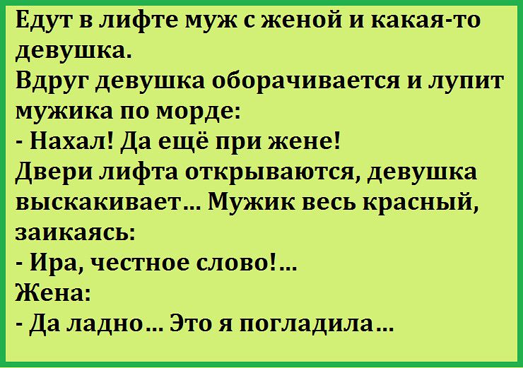 Едут в лифте муж с женой и какая то девушка Вдруг девушка оборачивается и лупит мужика по морде Нахал Да ещё при жене Двери лифта открываются девушка выскакивает Мужик весь красный заикаясь Ира честное слово Жена Да ладно Это я погладила