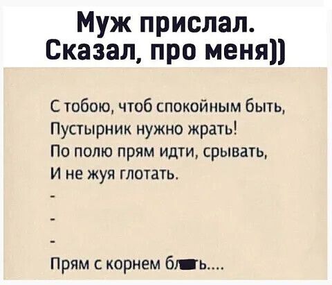 Муж прислал Сказал про меня С тобою чтоб спокойным быть Пустырник нужно жрать По полю прям идти срывать И не жуя глотать Прям с корнем 61 м