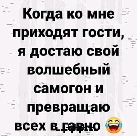 Когда ко мне приходят гости я достаю свой волшебный самогон и превращаю всех ценно