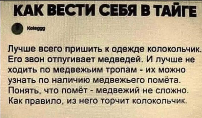 КАК ВЕСТИ СЕБЯ В ТАЙГЕ Лучше всего пришить к одежде колокольчик Его звон отпугивает медведей И лучше не ходить по медвежьим тропам их можно узнать по наличию медвежьего помёта Понять что помёт медвежий не сложно Как правило из него торчит колокольчик