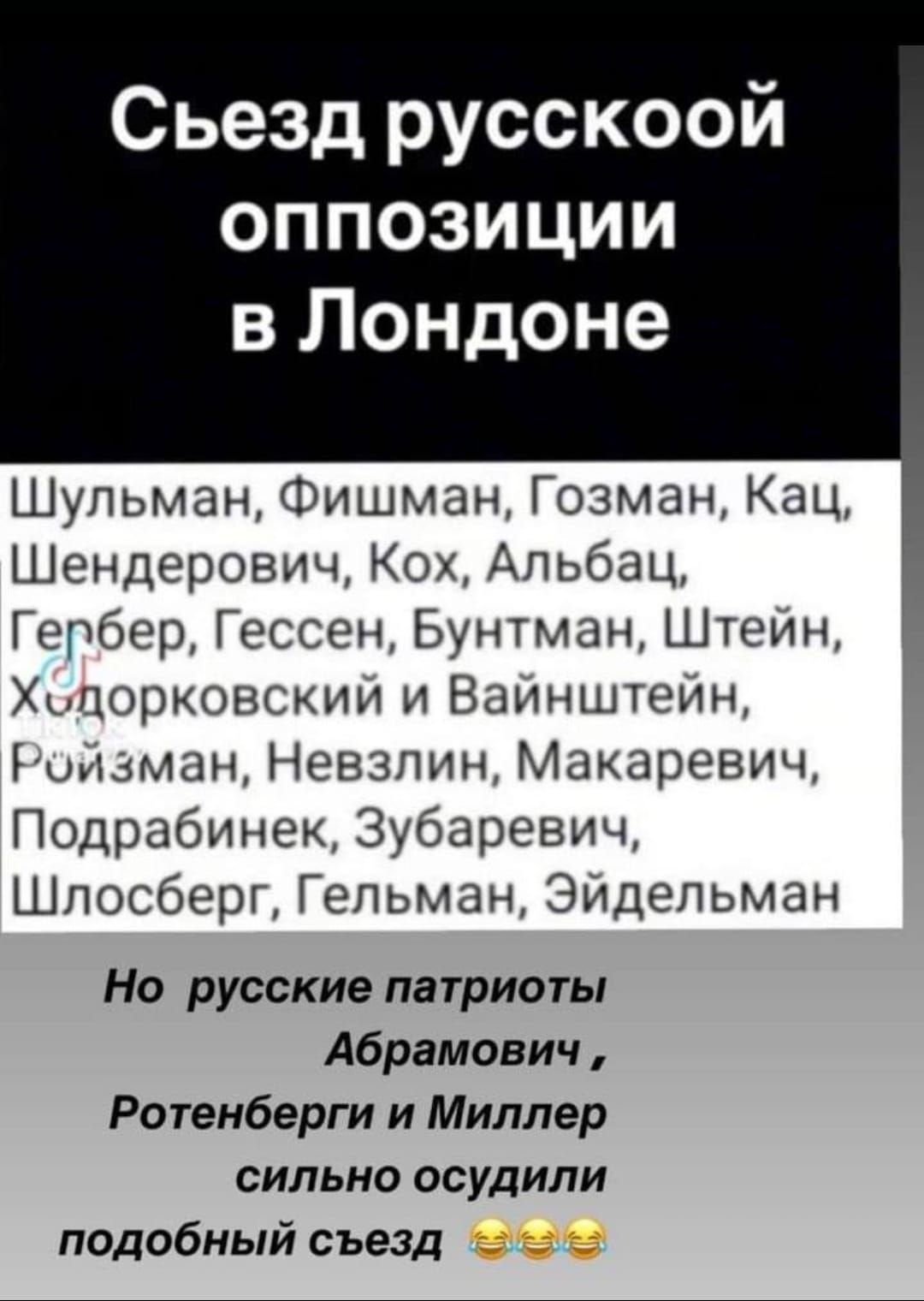 Съезд русской оппозиции в Лондоне
Шульман, Фишман, Гозман, Кац, Шендерович, Кох, Альбац, Гебер, Гессен, Бунтман, Штейн, Хорковский и Вайнштейн, Ройзман, Невзлин, Макаревич, Подрабинек, Зубаревич, Шлосберг, Гельман, Эйдельман
Но русские патриоты Абрамович, Ротенберги и Миллер сильно осудили подобный съезд 😂😂😂