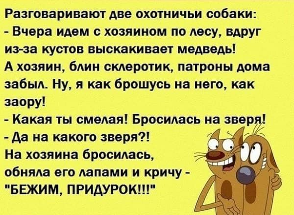 Разговаривают две охотничьи собаки Вчера идем с хозяином по лесу вдруг из за кустов выскакивает медведь А хозяин блин склеротик патроны дома забыл Ну я как брошусь на него как заору Какая ты смелая Бросилась на звер да на какого зверя На хозяина бросилась обняла его лапами и кричу БЕЖИМ ПРИДУРОК
