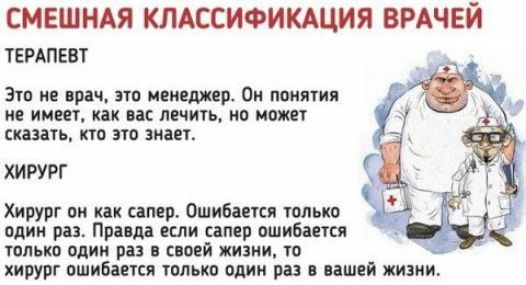 СМЕШНАЯ КЛАССИФИКАЦИЯ ВРАЧЕЙ ТЕРАПЕВТ Эт ив пра т неишвп Ок поиячия 04 Ин КНК іі ЛЕЧИТЬ ИБ МОЖЕТ НИТЬ КШ ЭТО знает ХИРУРГ Хирург он или сапер Ошибіегсл юпько один раз Правда если сапер ошибанся только один раз в своей жизни то хирург ошибаися только один раз нашей жизни