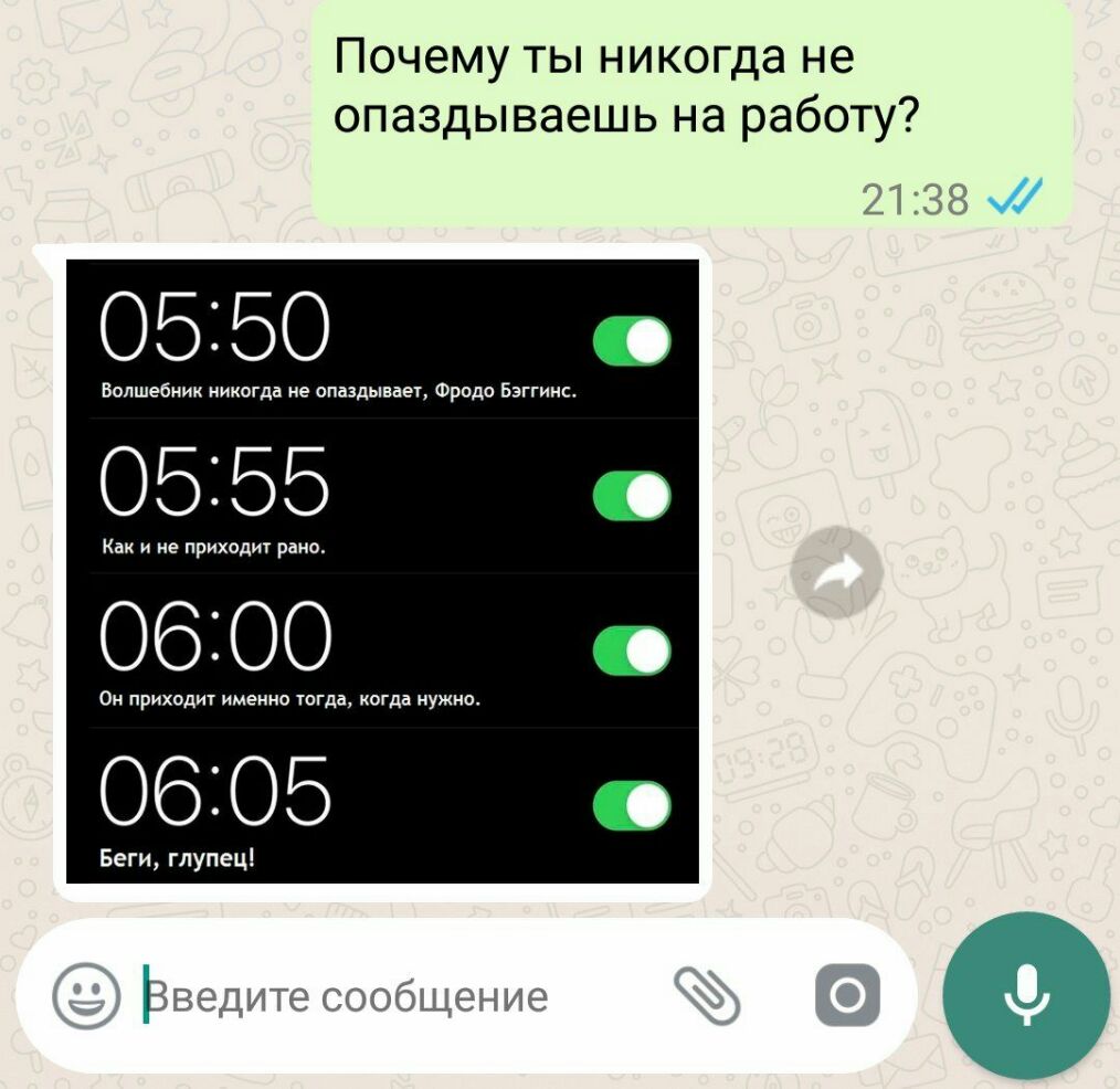 Почему ты никогда не опаздываешь на работу 05350 Волшебник никогда не опаздывает Фродо Бэггинс Как и не приходи рано 0600 Он приходит именно тогда когда нужно 06105 Беги глупец