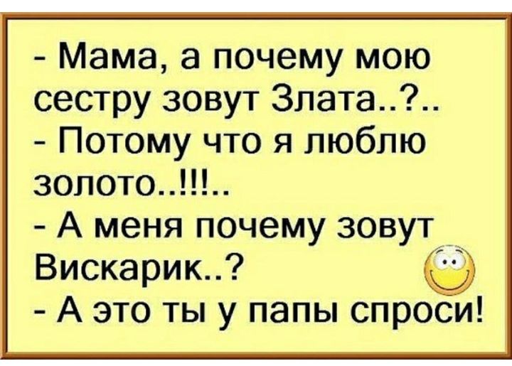 Мама а почему мою сестру зовут Злата Потому что я люблю зопото А меня почему зовут Вискарик А это ты у папы спроси
