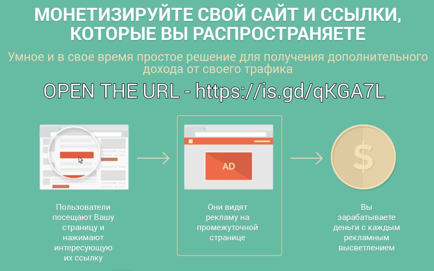 МОНЕТИЗИРУЙТЕ свой сдйт и ссылки КОТОРЫЕ вы РАСПРОСТРАНЯЕТЕ Умное И В свое время простое решение ДЛЯ получения ДОПОЛНИТеЛЬНОГО дохода ОТ своего Трафика ОРЕМ ТНЕ овь Ьттрзіз9іСК6А7_ Пользователи Они видят Вы посещают Вашу рекламу на зарабатываете страницу и промежуточной деньги с каждым нажимают странице интересующую их ссылку рекламным высветлением