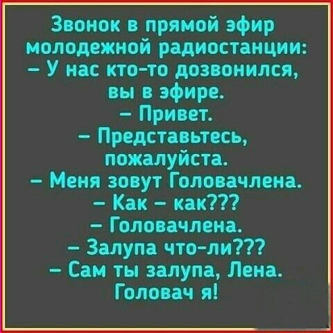 Звонок в прямой эфир молодежной радиостанции У нас кто то дозвонился вы в эфире Привет Представьтесь пожалуйста Меня зовут Голова мена Как как Головачленъ Залупа что ли Сам ты залупа Лена Головач я