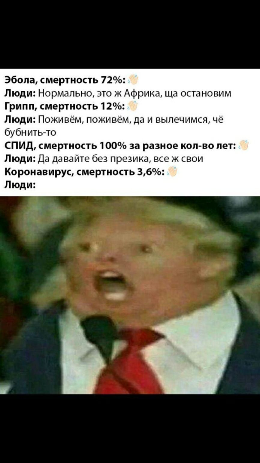 Эбола смертность 72 Люди Нормально это ж Африка ща остановим Грипп смертность 12 Люди Поживём поживём да и выпеч имся чё бубн ить то СПИД смертность 100 за разное кол во пет Люди Да давайте без презика все ж свои Коронавирус смертность 36 Люди
