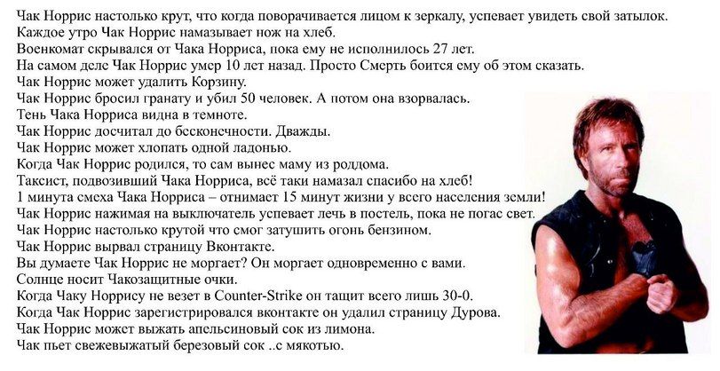 Чак норрис настолько крут, что когда поворачивается лицом к зеркалу, успевает увидеть свой затылок. Каждое утро чак норрис намазывает нож на хлеб. Воснкомат скрывался от чака норриса, пока ему не исполнилось 27 лет. На самом деле чак норрис умер 10 лет назад. Просто смерть боится сму об этом ск; чак норрис может удалить корзину. Чак норрис бросил гранату и убил 50 человек. А потом она взорвалась. Тень чака норриса видна в темноте. Чак норрис досчитал до бесконсчности. Дважды. Чак норрис может хлопать одной ладонью. Когда чак норрис родился, то сам вынес маму из роддома. Таксист, подвозивший чака норриса, всё таки намазал спасибо на хлеб! 1 минута смсха чака норриса  отнимаст 15 минут жизни у вссго нассления земли! Чак норрис нажимая на выключатель успевает лечь в постель, пока не погас свет. Чак норрис настолько крутой что смог затушить огонь бензином. Чак норрис вырвал страницу вконтакте. Вы думаете чак норрис не моргает? Он моргает одновременно с вами. Солнце носит чакозащитные очки. Когда чаку норрису пе везет в сошиег5ике ои тащит всего лишь 300. Когда чак норрис зарегистрировался вконтакте он удалил страницу дурова. Чак норрис можт выжать апельсиновый сок из лимона. Чак пьет свежевыжатый березовый сок  мякотью.