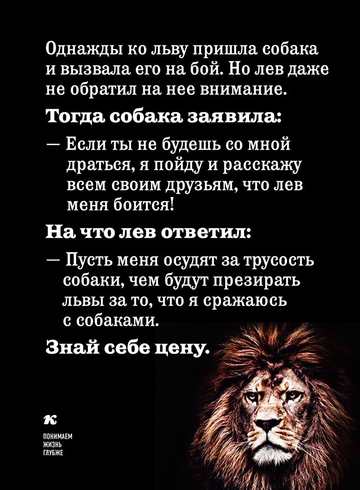 Однажды ко льву пришла собака и вызвала его на бой Но лев даже не обратил на нее внимание Тогда собака заявила Если ты не будешь со мной драться я пойду и расскажу всем своим друзьям что лев меня боится На что лев ответил Пусть меня осудят за трусость собаки чем будут презирать львы за то что я сражаюсь с собаками Знай себе цену к ппиишм жи гмвжг