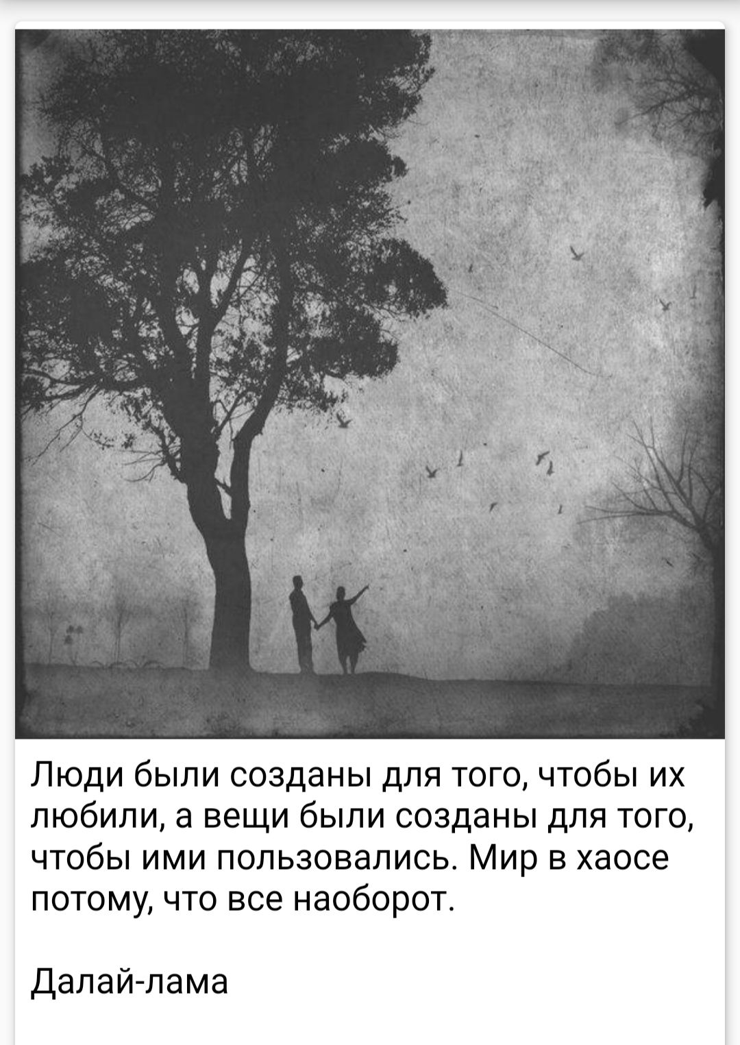 Люди были созданы для того чтобы их любили а вещи были созданы для того чтобы ими пользовались Мир в хаосе потому что все наоборот Далай лама