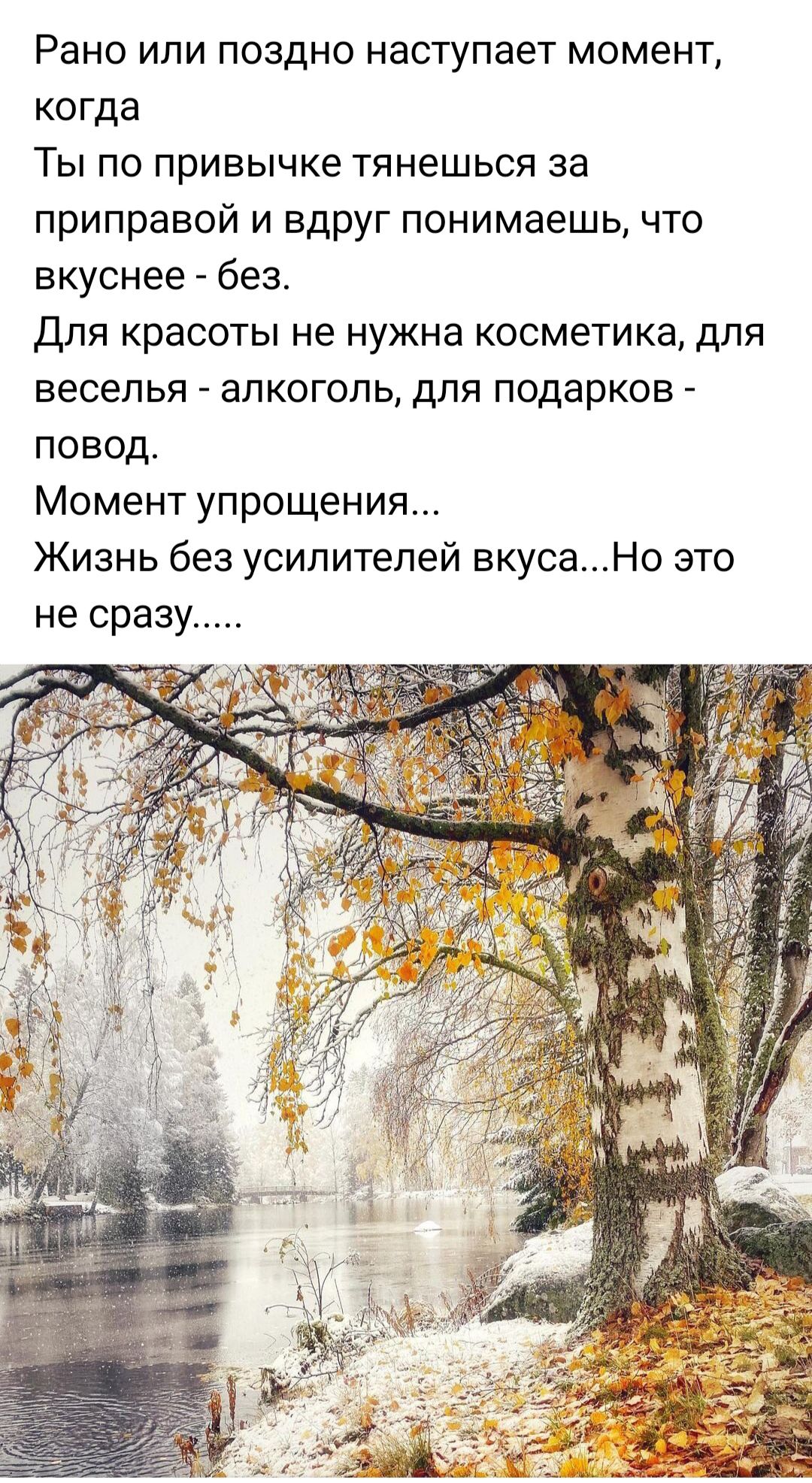 Рано или поздно наступает момент когда Ты по привычке тянешься за приправой и вдруг понимаешь что вкуснее без Для красоты не нужна косметика для веселья алкоголь для подарков повод Момент упрощения Жизнь без усилителей вкусаНо это не сразу
